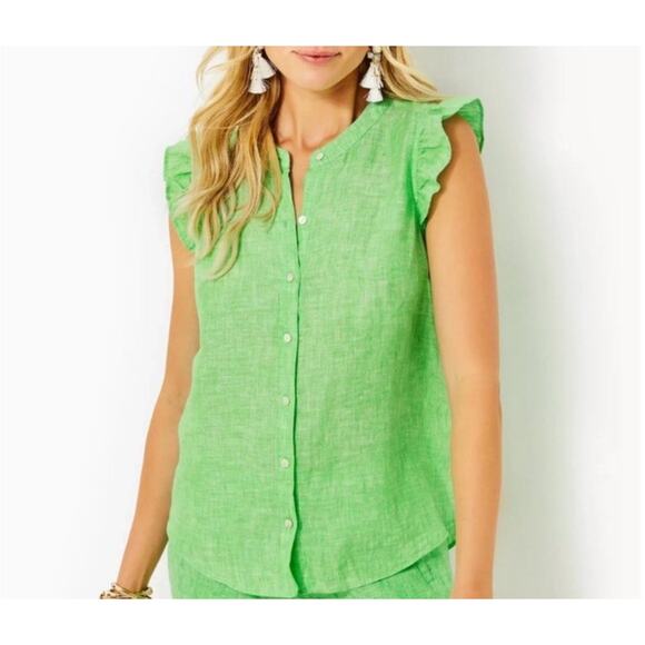Lilly Pulitzer Briette Button Down Top Seacoast Linen Gecko Green Women’s XL - Picture 1 of 13
